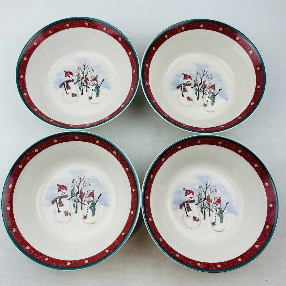 Royal Seasons Snowmen 4 Soup Bowl Lot 6.75" Cereal Red Band‎ Dots Green Trim
